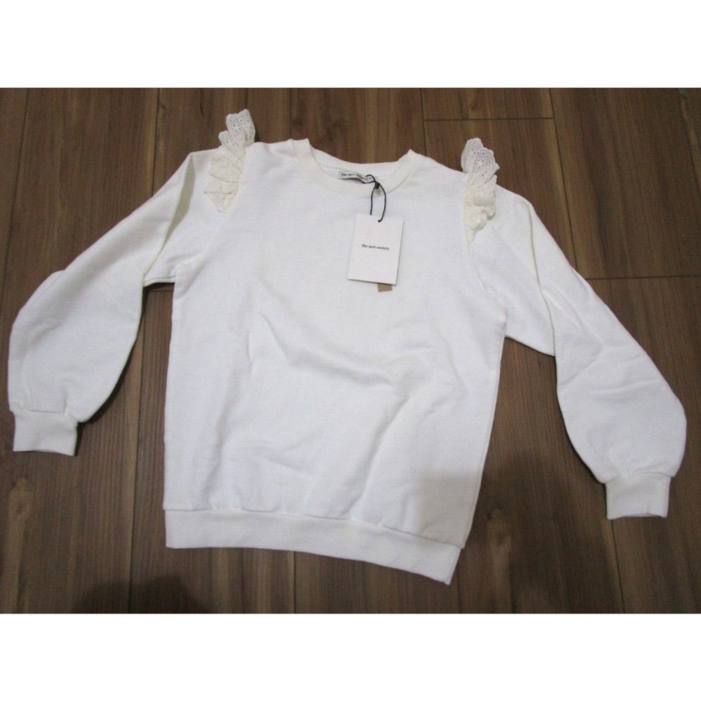 THE NEW SOCIETY IVORY YOLY SWEATER SWEATSHIRT PULLOVER NWT Ruffle Shoulder - Picture 1 of 11